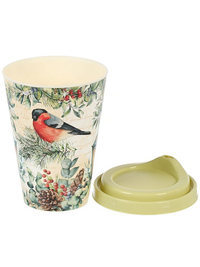 Набор посуды пластик, 0.85 л, 26.7х13х9.5 см, 2 шт, прямоугольный, ланч-бокс, стакан 420мл, с зеленой крышкой, с декором, Снегири