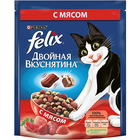Корм для животных Феликс, Двойная вкусятина, 200 г, для взрослых кошек, сухой, мясо, пакет, 12498544