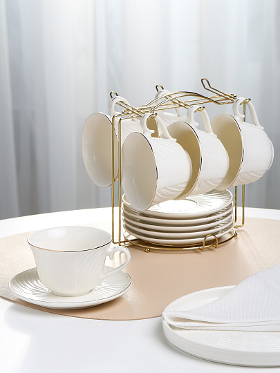 Набор чайный фарфор, 12 предметов, на 6 персон, 220 мл, металлическая подставка, ТМ Глория, Bonjart, 202346, подарочная упаковка