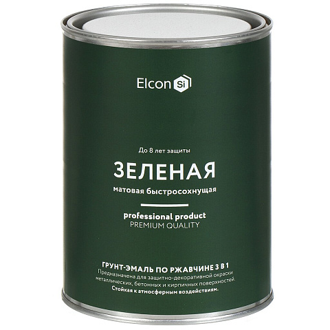 Грунт-эмаль Elcon, 3в1 матовая, по ржавчине, смоляная, зеленая, RAL 6002, 0.8 кг