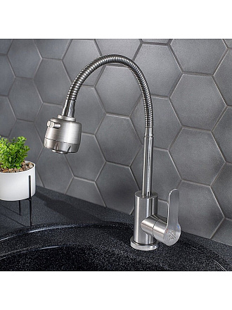 Смеситель для кухни, РМС, гибкий излив, с картриджем, нержавеющая сталь, SUS124-016F