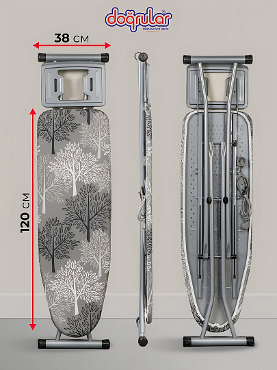 Доска гладильная 120х38 см, Элона, подставка для утюга, встроенная розетка, удлинитель 1.5 м, Dogrular, серая