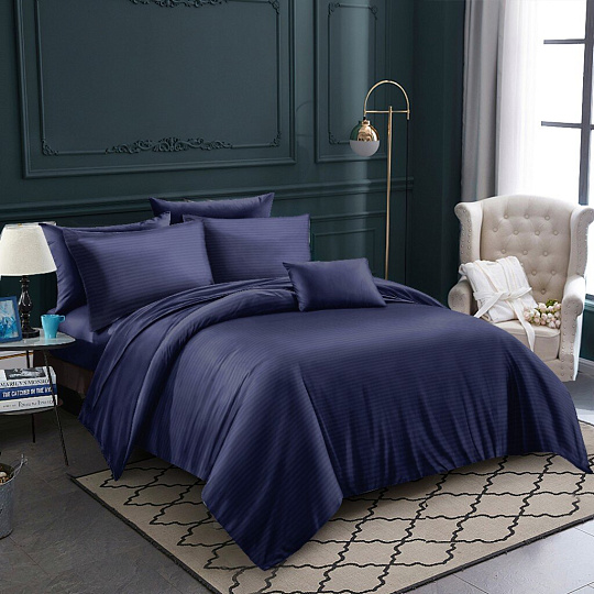 Постельное белье евро, простыня 220х240 см, 2 наволочки 70х70 см, пододеяльник 200х220 см, Майская ночь, страйп-полисатин, синее, 30/006-PSS/MAY