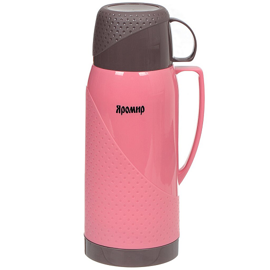 Термос пластиковый со стеклянной колбой Яромир ЯР-2023С/2 с узким горлом розовый с коричневым, 1.8 л