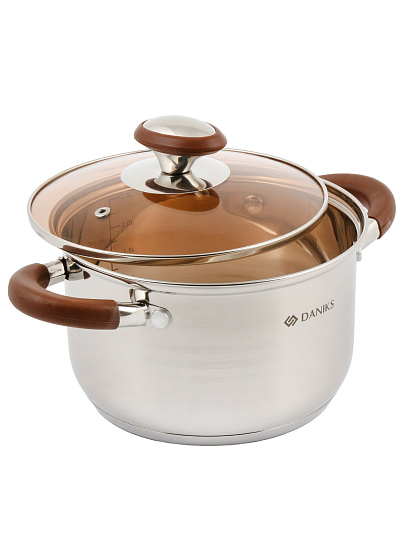 Кастрюля нержавеющая сталь, 2.8 л, крышка стекло, Daniks, Веллингтон, GS-01415-18CA, серебристая, индукция