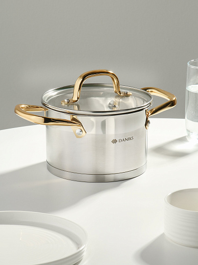 Кастрюля нерж, 1.9 л, с крыш, крыш стекло, Daniks, Лайнс, индукц, SD-072-16