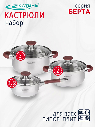 Набор посуды нержавеющая сталь, 6 предметов, кастрюли 2,3 л, ковш 1.5 л, индукция, Катунь, Берта, КТ15-В