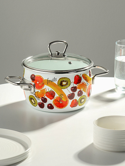Кастрюля эмалированная сталь, 2 л, крышка сталь, петля, сферический, СтальЭмаль, Fruits, 1SC185S, белая, индукция