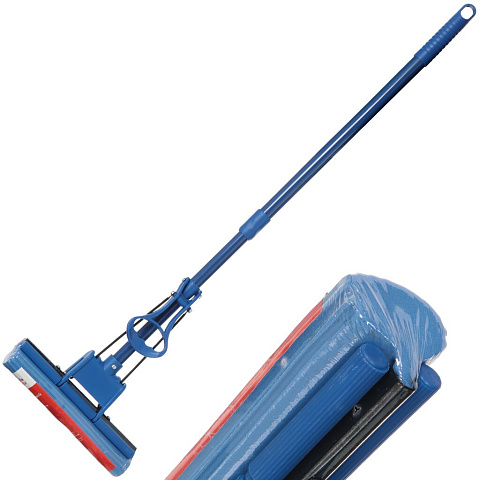 Швабра МОП губка, ПВА, 120х27 см, синяя, с отжимом, телескопическая ручка, голубая, Марья Искусница, HD1910