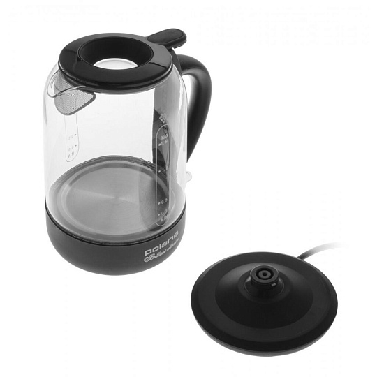 Чайник электрический Polaris, PWK 1753CGL, черный, 1.5 л, 1800 Вт, скрытый нагревательный элемент, стекло