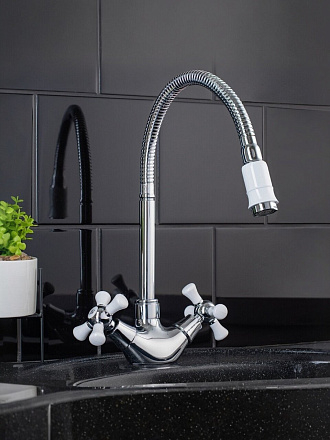 Смеситель для кухни, РМС, гибкий излив, с кран-буксой, белый, SL92W-279F