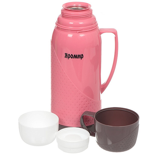 Термос пластиковый со стеклянной колбой Яромир ЯР-2022С/1 с узким горлом розовый с коричневым, 1 л