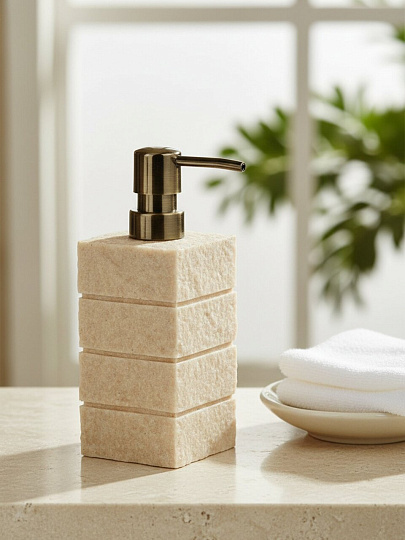 Дозатор для жидкого мыла Камень, полистоун, 7.4x7.4x13.5х19 см, беж, BRE0985AA-LD