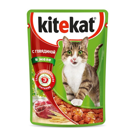 Корм для животных Kitekat, 85 г, для кошек, говядина в желе, пауч
