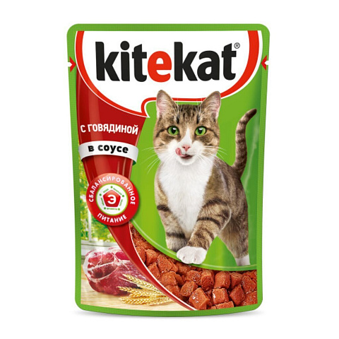 Корм для животных Kitekat, 85 г, для кошек, говядина в соусе, пауч
