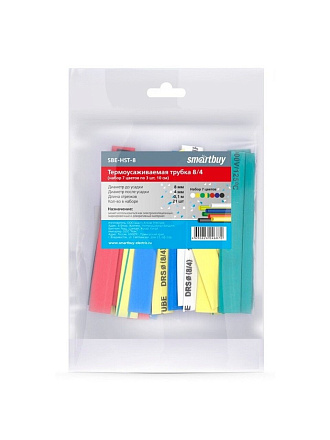 Термоусаживаемая трубка 8/4 мм, 21 шт, набор, 7 цветов по 3 шт, 100 мм, Smartbuy, SBE-HST-8