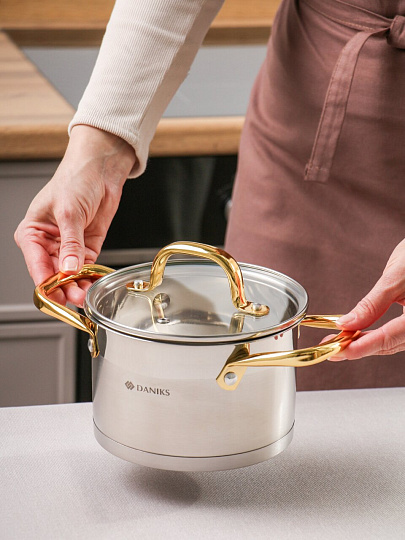 Кастрюля нерж, 1.9 л, с крыш, крыш стекло, Daniks, Лайнс, индукц, SD-072-16