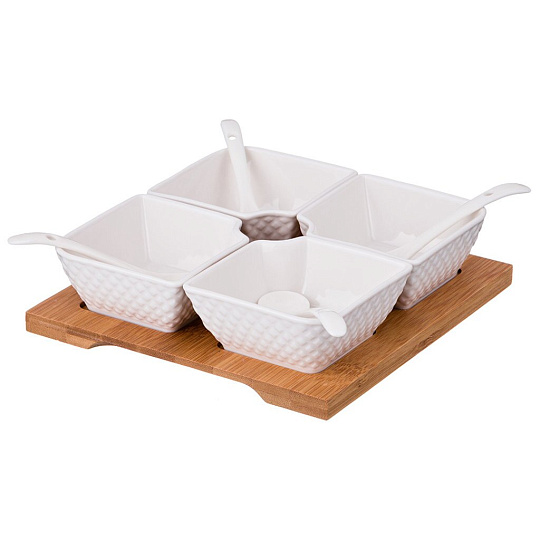 Менажница 4-х секционная диаманд на подставке 17x17 см. высота: 5 см. + 4 ложки, 359-378