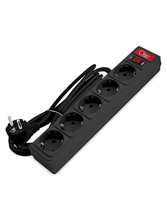 Сетевой фильтр 5 гнезд, 5 м, ПВС, 3х0.75 мм², с заземлением, 10 А, черный, Союз, 13372