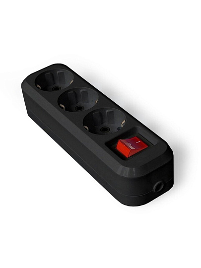 Колодка розеточная 3 гнезда, с заземлением, 16 А, выключатель, черный, UNIVersal, 13100