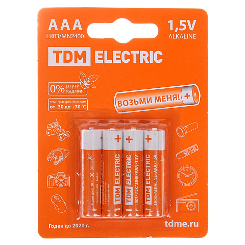 Батарейка TDM Electric, ААА (LR03, 24A), Alkaline, щелочная, 1.5 В, блистер, 4 шт, SQ1702-0006