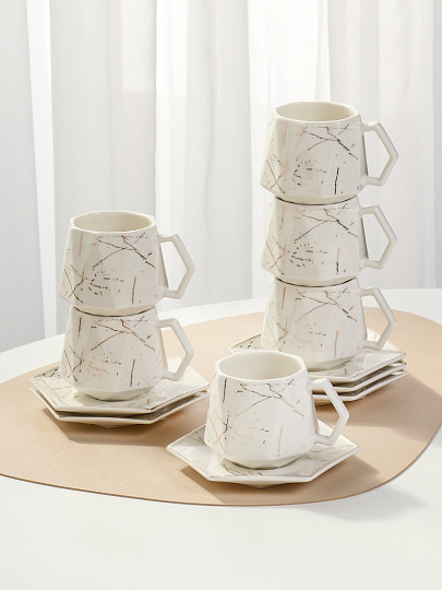 Набор чайный керамика, 12 предметов, на 6 персон, 180 мл, Белый мрамор, Y4-6605, подарочная упаковка