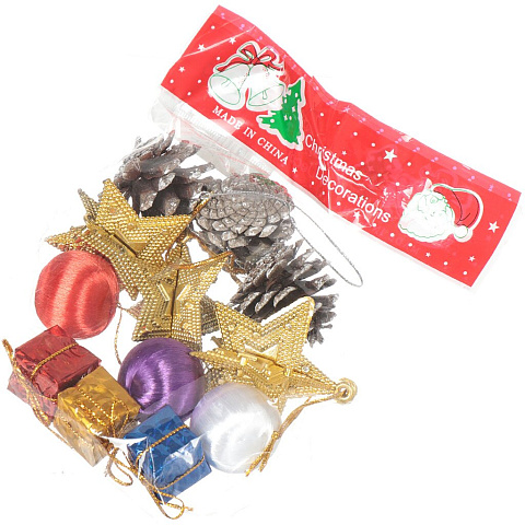 Набор елочных украшений Шишки и шары, 12 шт, фиолетовый, белый, красный, 3 см, пластик, SY18FB-006