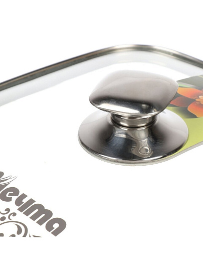 Крышка для посуды стекло, 28 см, Мечта, металлический обод, кнопка нержавеющая сталь, квадратная для гриля, КР28Г