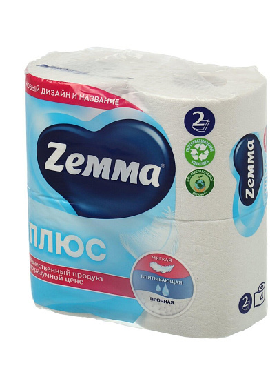 Туалетная бумага ZEMMA, Плюс, 2 слоя, 4 шт, 23 м, с втулкой, белая