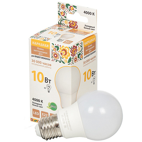 Лампа светодиодная E27, 10 Вт, 75 Вт, груша, 4000 К, свет холодный белый, TDM Electric, Народная