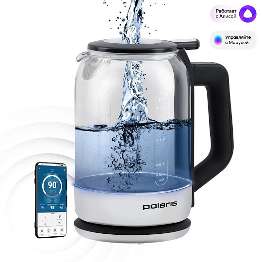 Чайник электрический Polaris, PWK 1720CGLD, черный, 1.5 л, 2150 Вт, скрытый нагревательный элемент, стекло