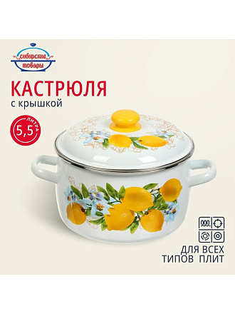 Кастрюля эмалированная сталь, 5.5 л, крышка сталь, сферический, Сибирские товары, Лимоны, 3MC221P, индукция
