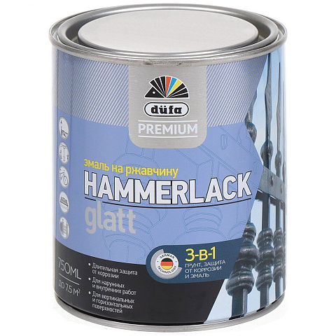 Эмаль Dufa Premium, Hammerlack, по ржавчине, алкидная, глянцевая, черная, RAL 9005, 750 мл