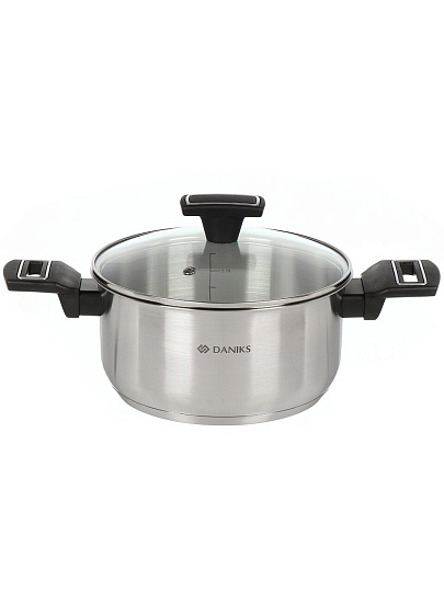 Кастрюля нержавеющая сталь, 3.1 л, крышка стекло, Daniks, Айленд, SD-23-20, индукция