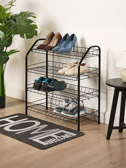 Полка для обуви, металл, 4 секции, 66х28х70 см, разборная, черная, Nika, ЭТ1/Ч