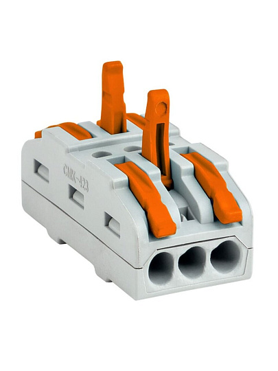 Клемма СМК 222-423P, соединительная проходная, 3 отверстия, пластик, серая, с монтажной площадкая, 0.08-4 мм², Rexant, 07-6263