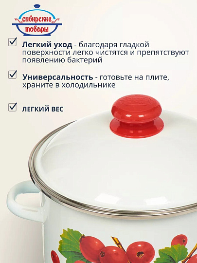 Кастрюля эмалированная сталь, 4 л, крышка сталь, цилиндрическая, Сибирские товары, Калина красная, 1MD201M, индукция
