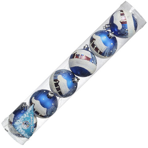 Елочный шар Snowmen, Зимняя деревня, 6 шт, синий, 6 см, фосфоресцирует, в ПВХ тубе, Е50632