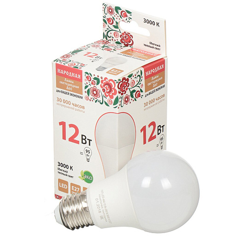Лампа светодиодная E27, 12 Вт, 95 Вт, груша, 3000 К, мягкий теплый, TDM Electric, Народная, SQ0340-1511