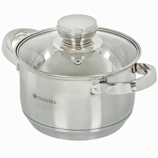 Кастрюля нержавеющая сталь, 1.9 л, крышка стекло, Daniks, Стандарт-PR, SD-16-2, индукция