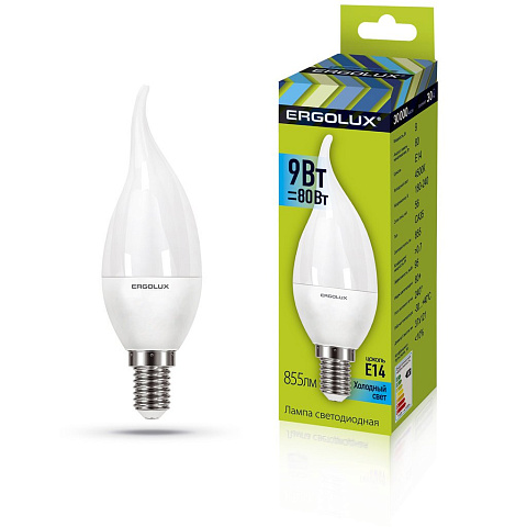 Лампа светодиодная Свеча на ветру 9Вт E14 6500K 180-240В Ergolux LED-CA35-9W-E14-6K
