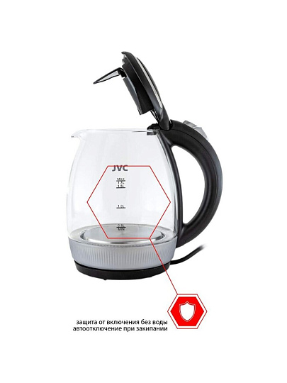 Чайник электрический JVC, JK-KE1516, черный, 1.7 л, 2200 Вт, скрытый нагревательный элемент, стекло