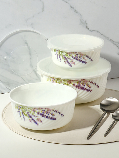 Салатник стеклокерамика, круглый, 3 шт, 9 см, 14, 16, 19 см, 0.5, 0.8, 1.4 л, с крышкой, Лаванда, Daniks, HDW3T-P