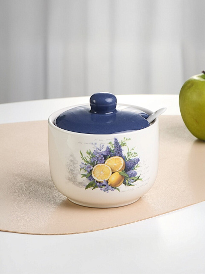 Сахарница 500 мл, доломит, 11.2х11.2х11 см, с ложкой, Daniks, Лаванда