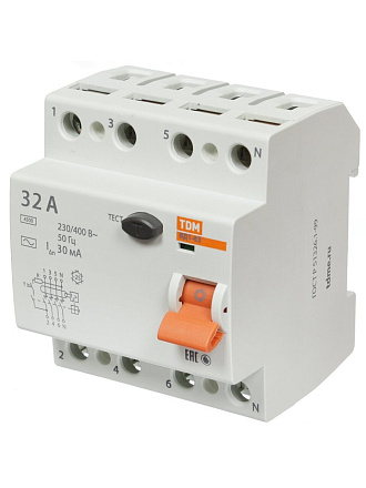 Устройство защитного отключения TDM Electric, ВД1-63, 4 полюса, 32 А, 30 мА, sq0203-0035