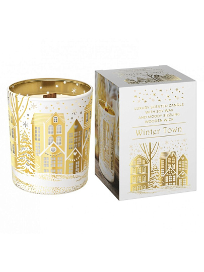 Свеча ароматизированная, 10х8.5х8.5 см, в стакане, Bartek Candles, Зимний городок, с деревянным фитилем, 200 гр