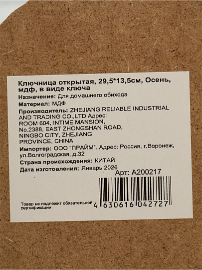 Ключница Осень, 29.5х13.5 см, МДФ, 3 крючка, открытая, в виде ключа, A200217