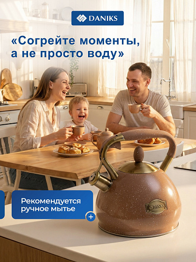 Чайник нержавеющая сталь, 3 л, со свистком, матовый, сталь 304, ручка с покрытием, нейлон, Daniks, индукция, коричневый, GS-04517H-2