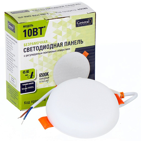 Светильник светодиодный, General Lighting Systems, 10BT-6К, 10 Вт, 6500 К, 960 Лм, IP40, с креплением под любое отверстие 45-80 мм, холодный белый свет, 412180