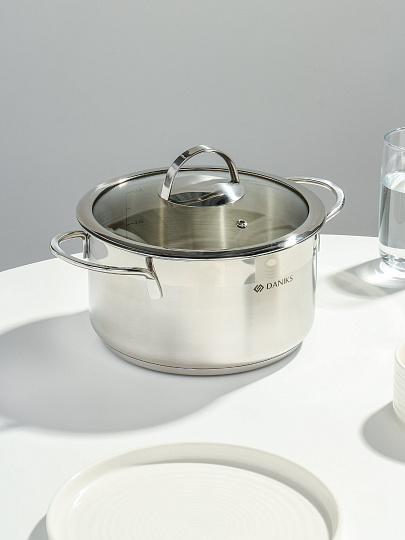 Кастрюля нержавеющая сталь, 3.4 л, крышка стекло, Daniks, Бонн, GS-01319-20CA, индукция